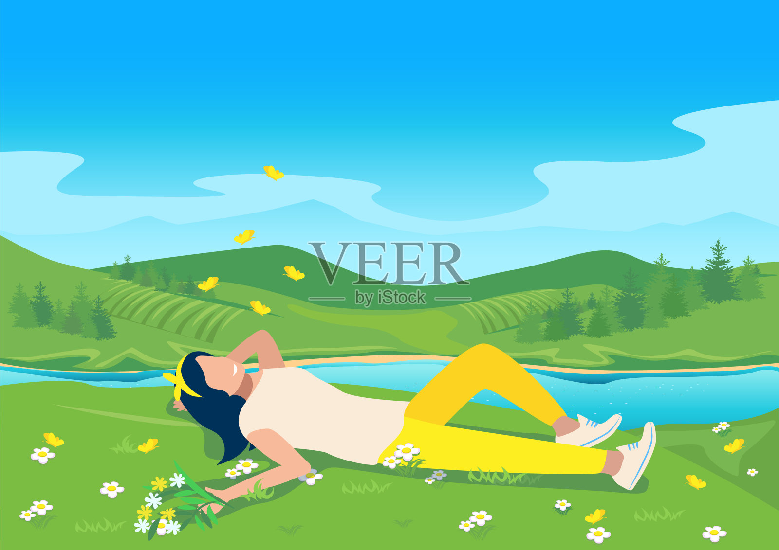 女孩躺在草地上插画图片素材