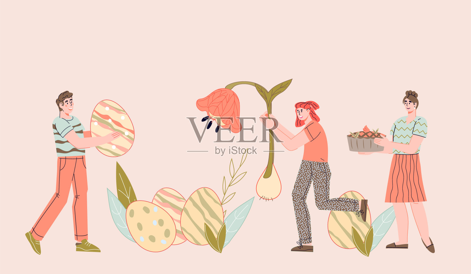 复活节节日卡片或横幅与人们拿着鸡蛋和春天的鲜花，平向量。插画图片素材