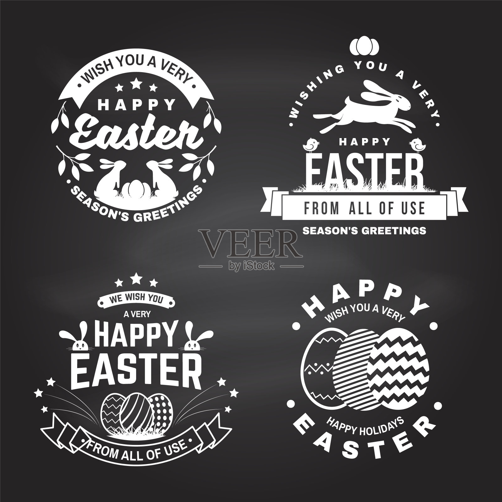 复活节快乐卡，徽章，签名。向量。排版设计与复活节兔子和手蛋。现代最小的风格。用于海报，贺卡，覆盖，贴纸。寻找复活节彩蛋插画图片素材