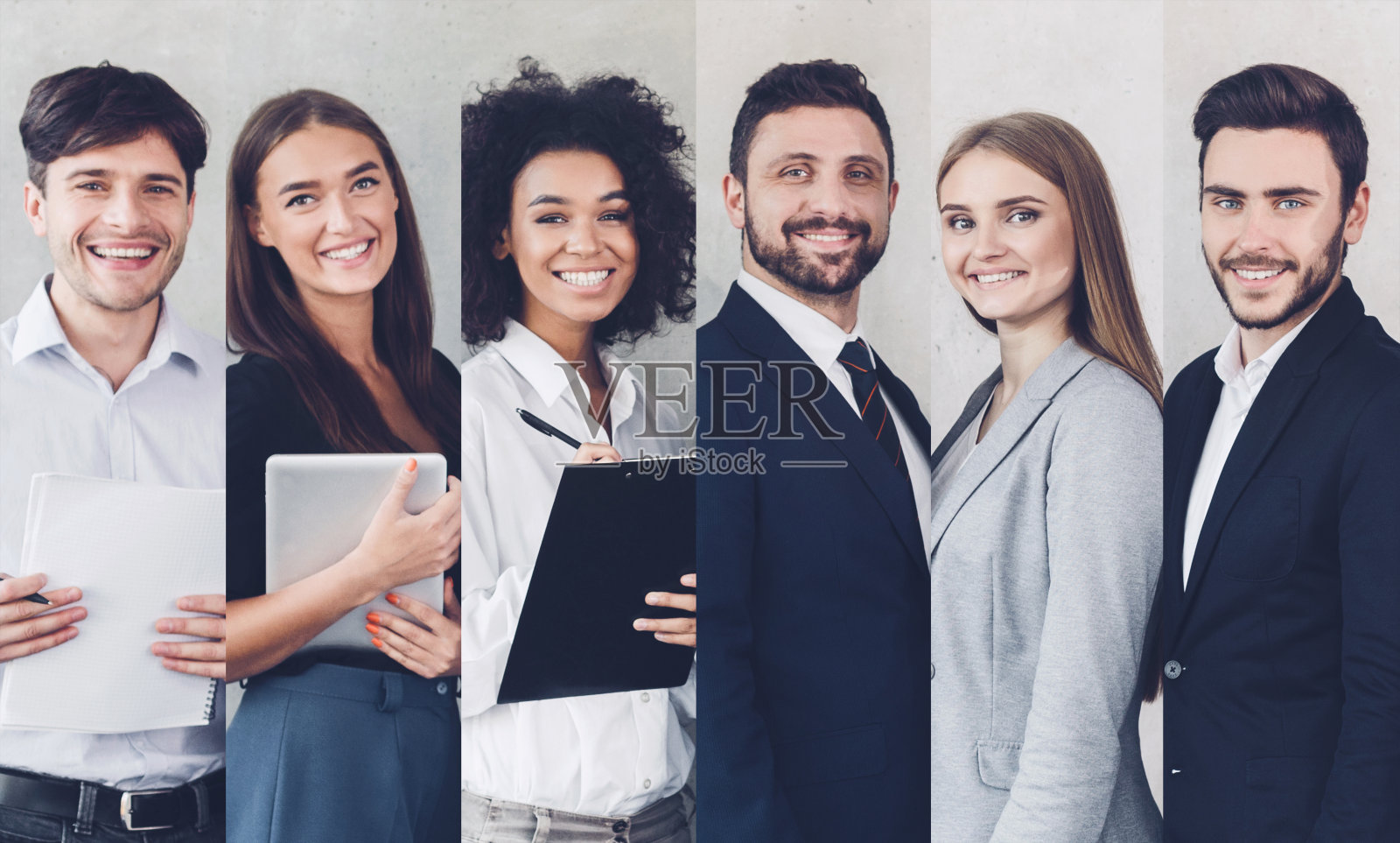 六幅不同的成功商业人士的肖像，灰色背景，拼贴照片摄影图片
