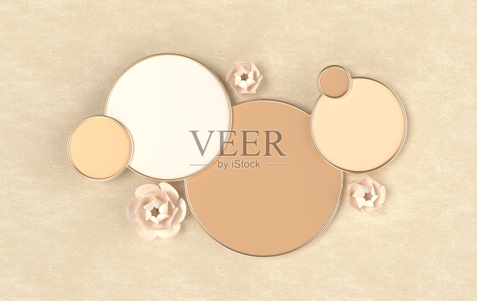 3d渲染几何形状，裙房与花在纸艺术风格。产品展示平台，模拟背景。抽象构图在最小的设计，粉彩和金色照片摄影图片