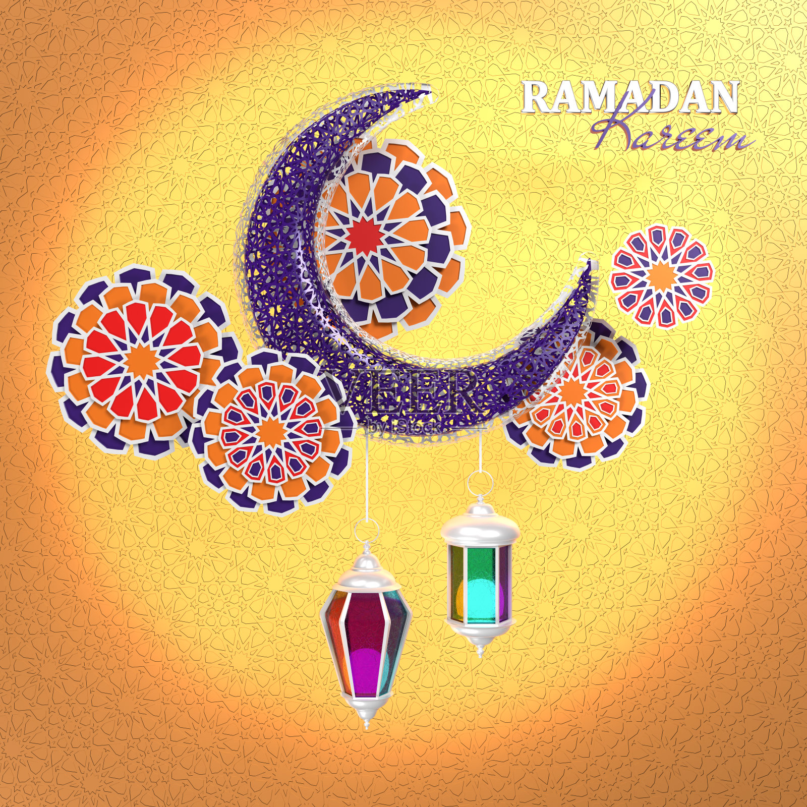 斋月卡里姆贺卡与伊斯兰图案的金色照片摄影图片