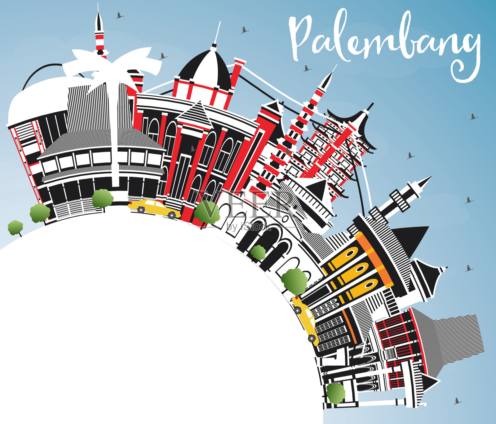 印度尼西亚的Palembang城市天际线是灰色的插画图片素材