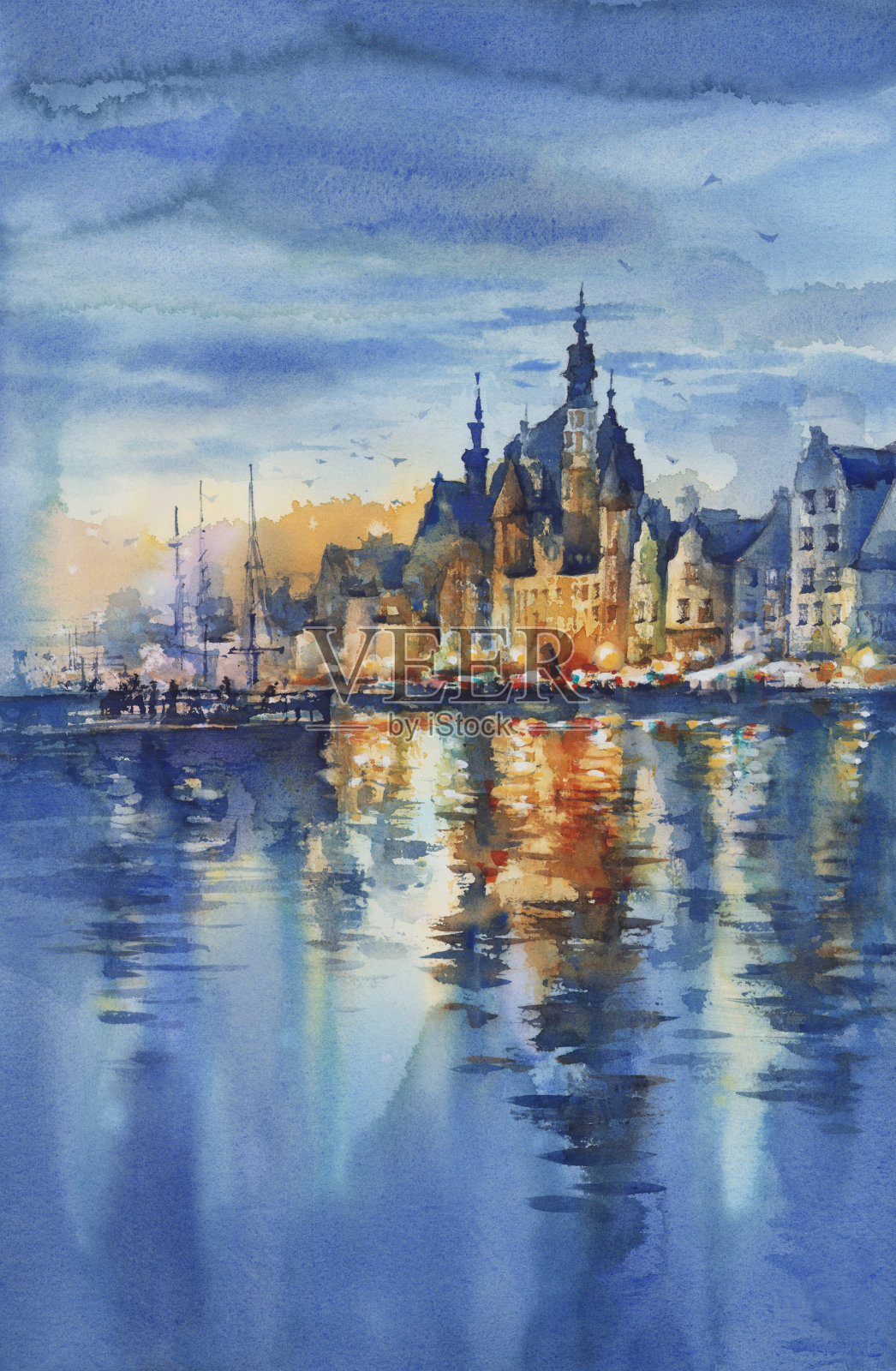 格但斯克河边的夜市灯光。水彩插图插画图片素材