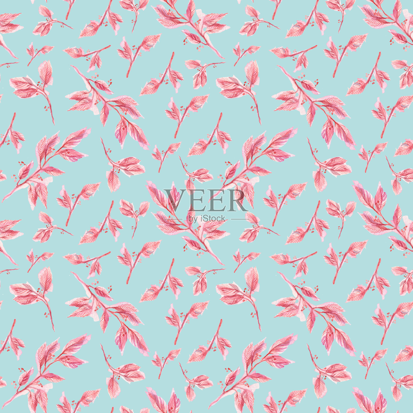 无缝图案与粉红色的花在蓝色的背景插画图片素材