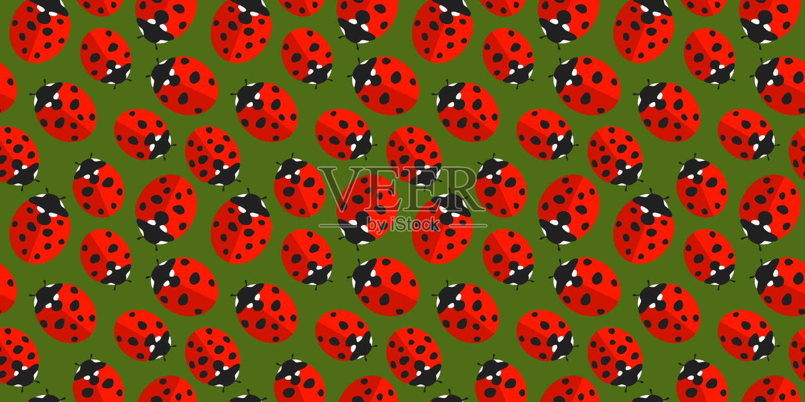 绿色和红色扁平的春天或夏天无缝模式背景与瓢虫纺织矢量插图艺术插画图片素材