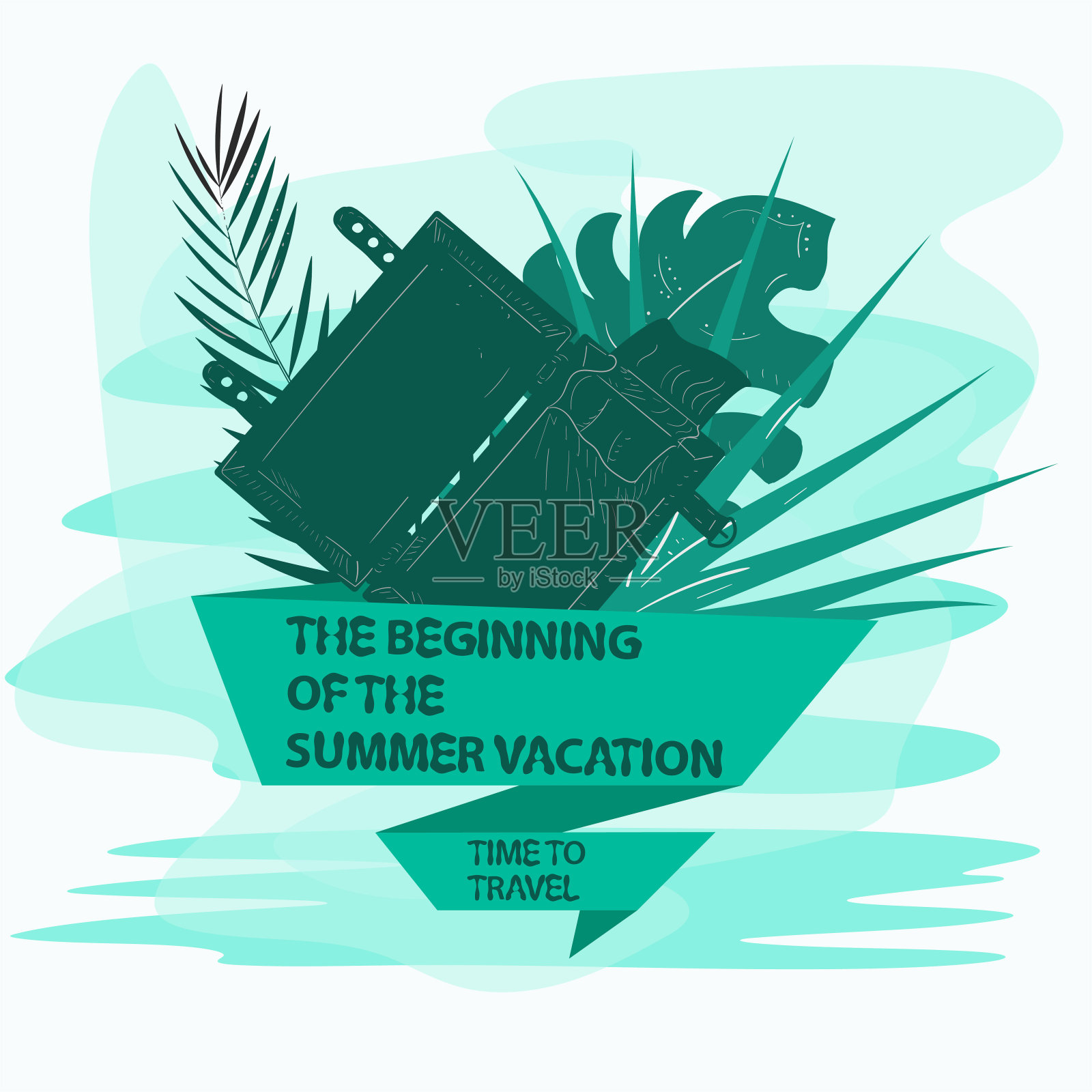 打开旅行箱和棕榈叶与旗帜题词口号的背景可以去掉插画图片素材