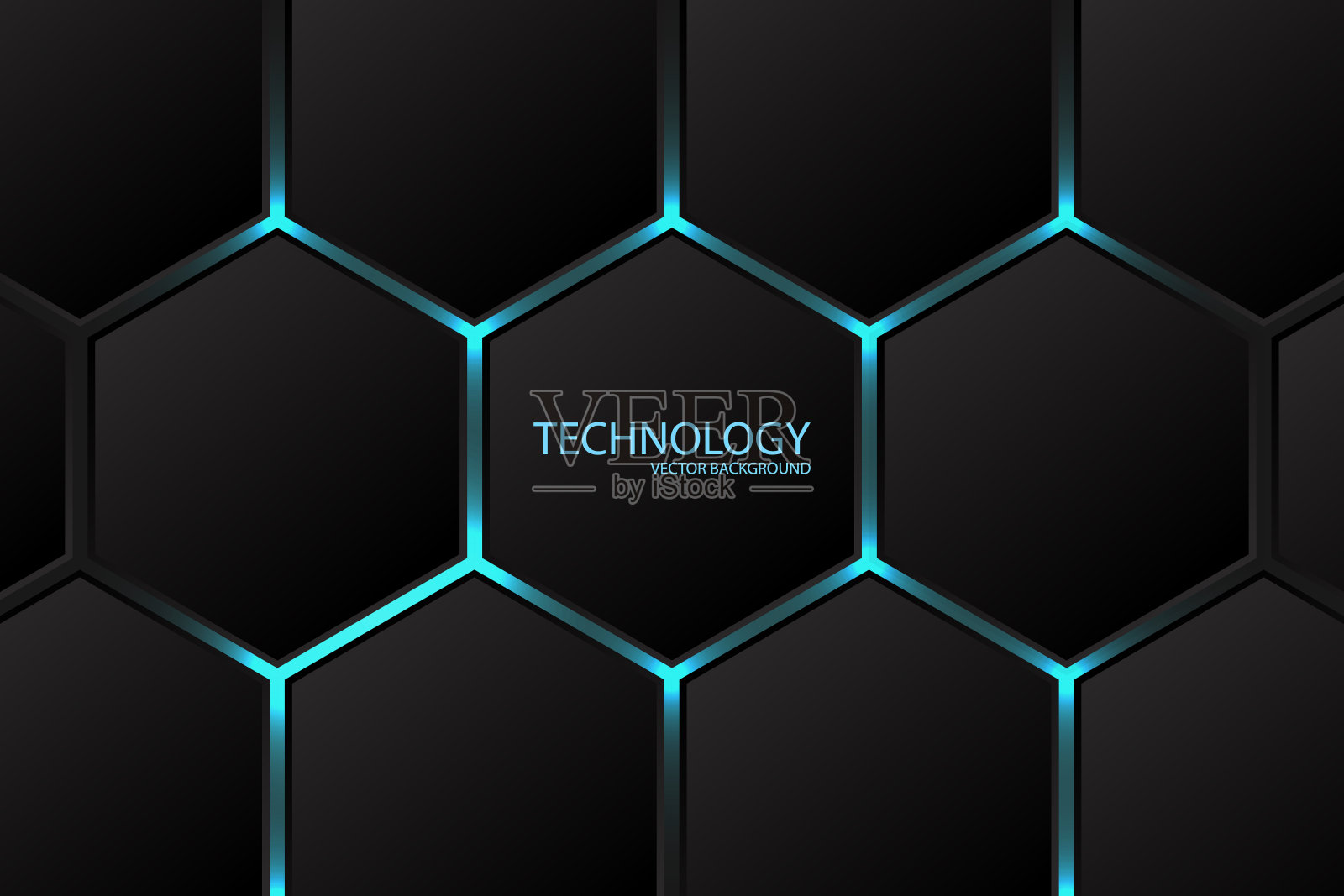 六角抽象背景。蓝色明亮的霓虹灯闪烁在六边形下的照明技术。深色蜂窝网格纹理。插画图片素材