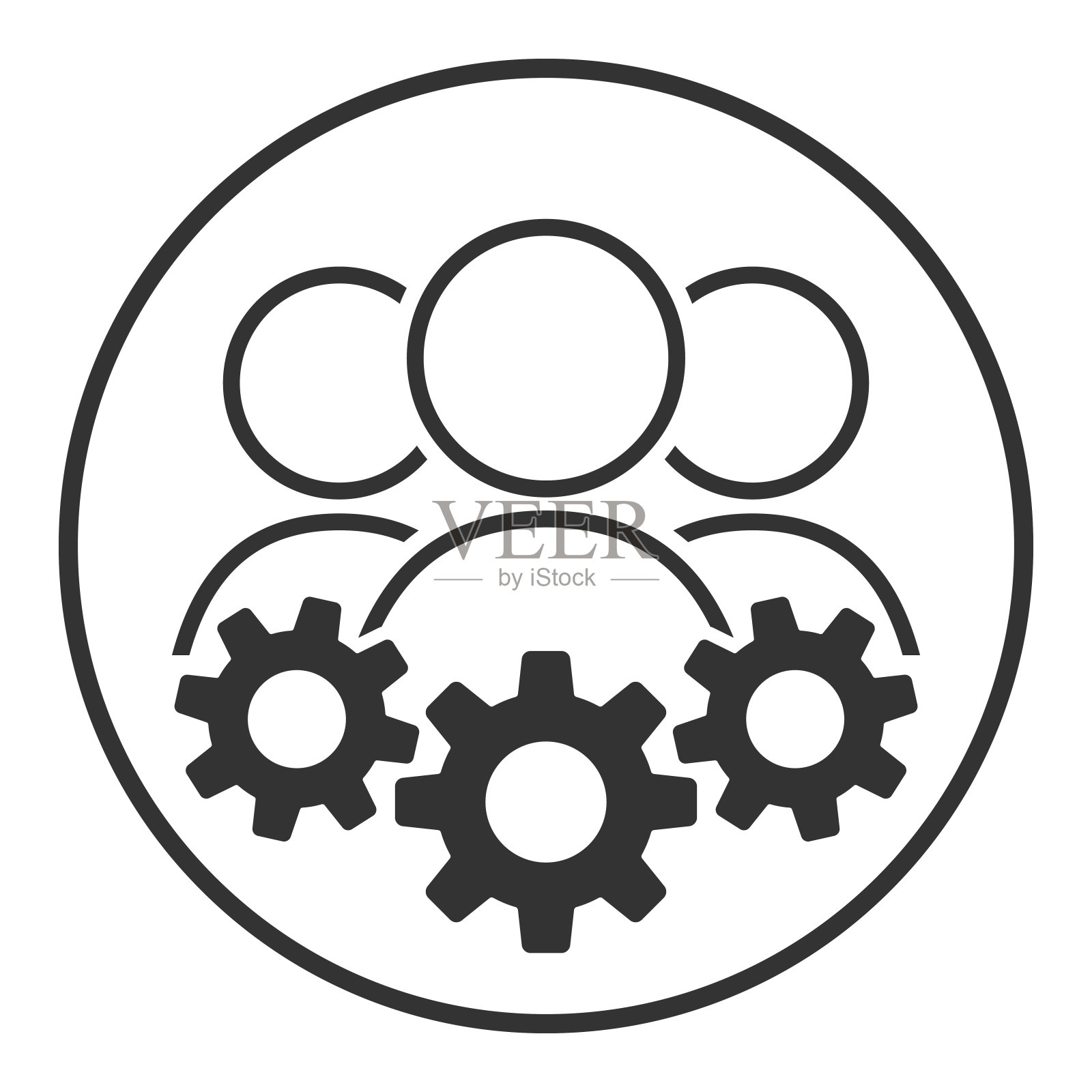 群人矢量图标。商业委员会在工作的象征。团队和齿轮标志隔离在白色背景。团队合作和互动的概念。办公室管理。图标素材