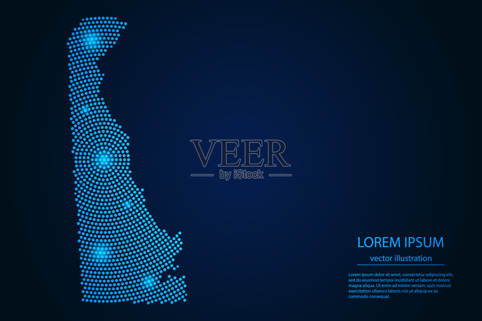 抽象图像特拉华州地图从点蓝色和发光的恒星在黑暗的背景插画图片素材