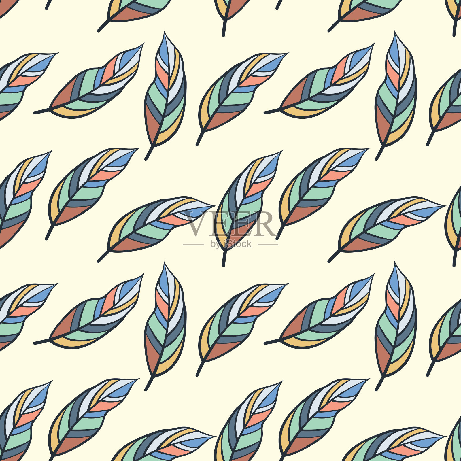 手绘波西米亚风格的羽毛，无缝背景。嬉皮风格。插画图片素材
