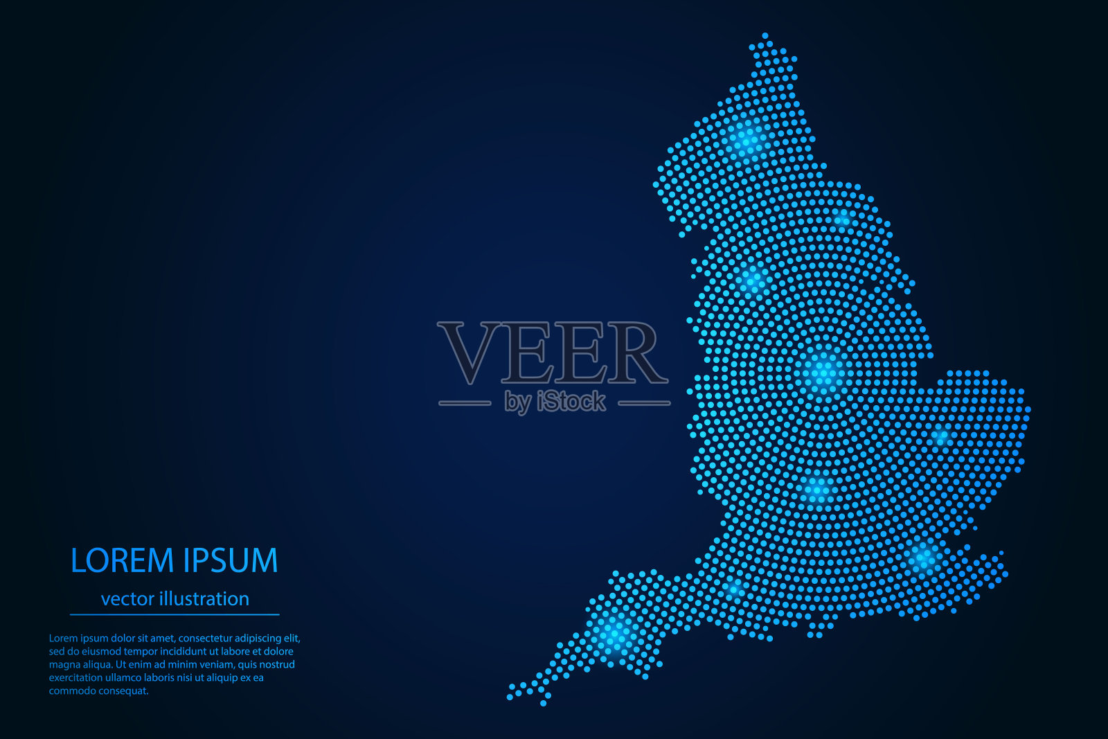 抽象图像英格兰地图从点蓝色和发光的恒星在黑暗的背景插画图片素材