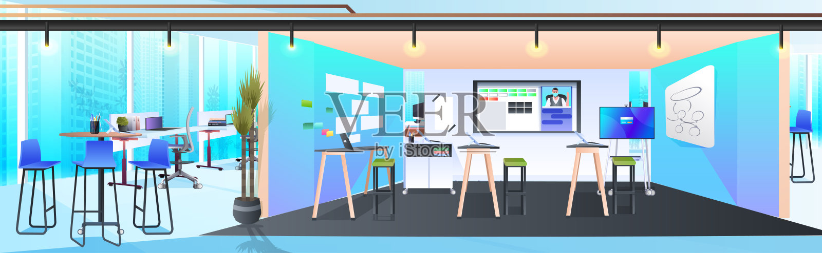 现代橱柜室内创意联合办公中心没有人的开放式空间，办公室内配有家具插画图片素材