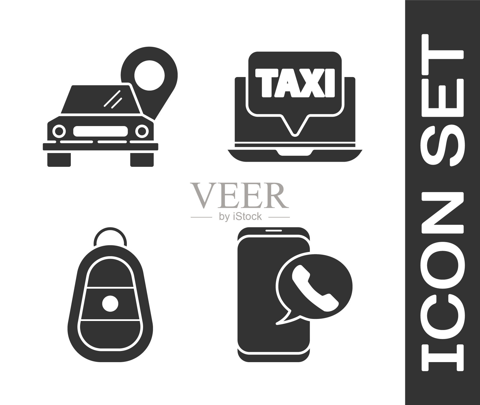 设置出租车呼叫电话服务，地图指针与出租车，汽车钥匙与远程和笔记本电脑呼叫出租车服务图标。向量图标素材