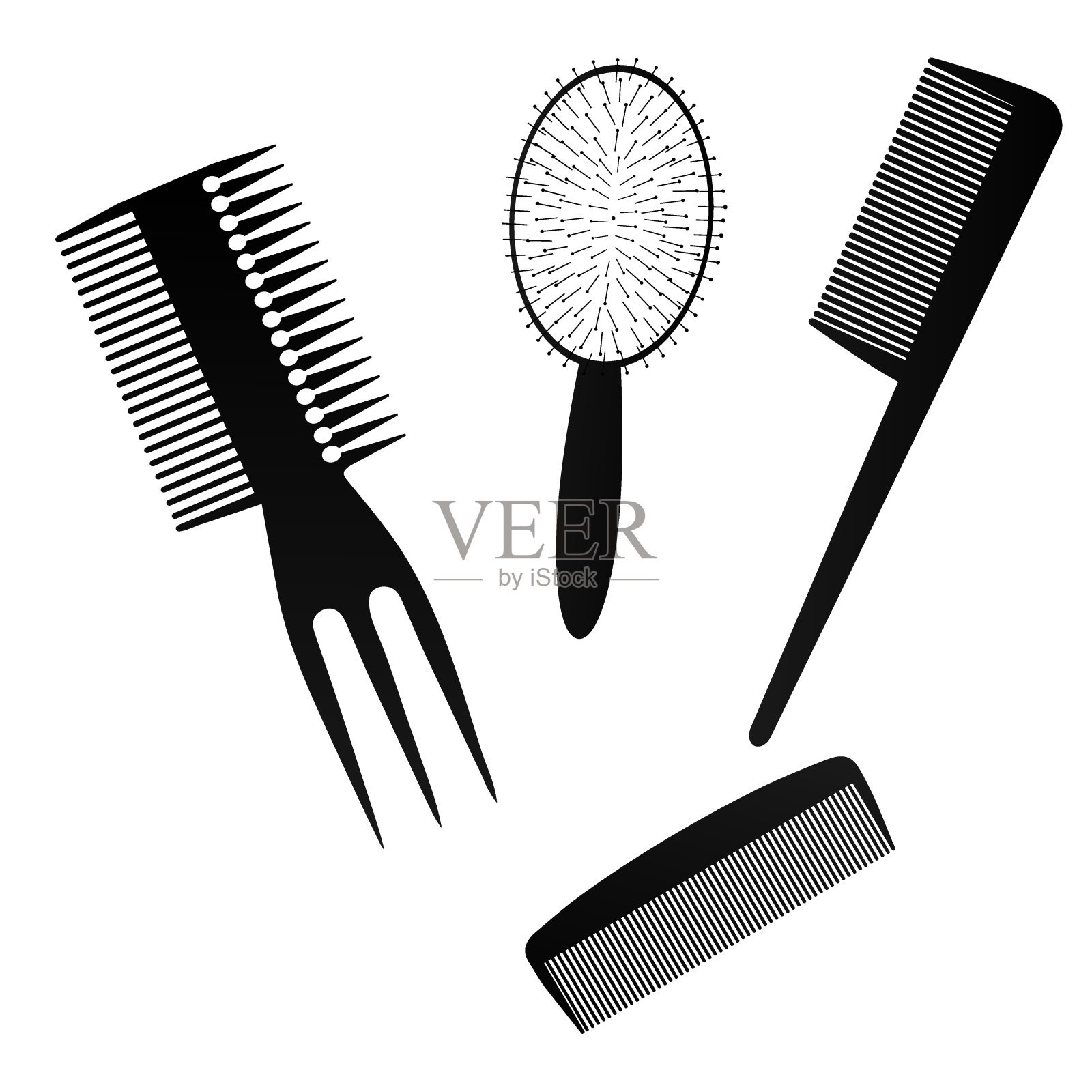 白色背景上的黑头梳。矢量插图。理发师用的一套绝缘梳子。插画图片素材