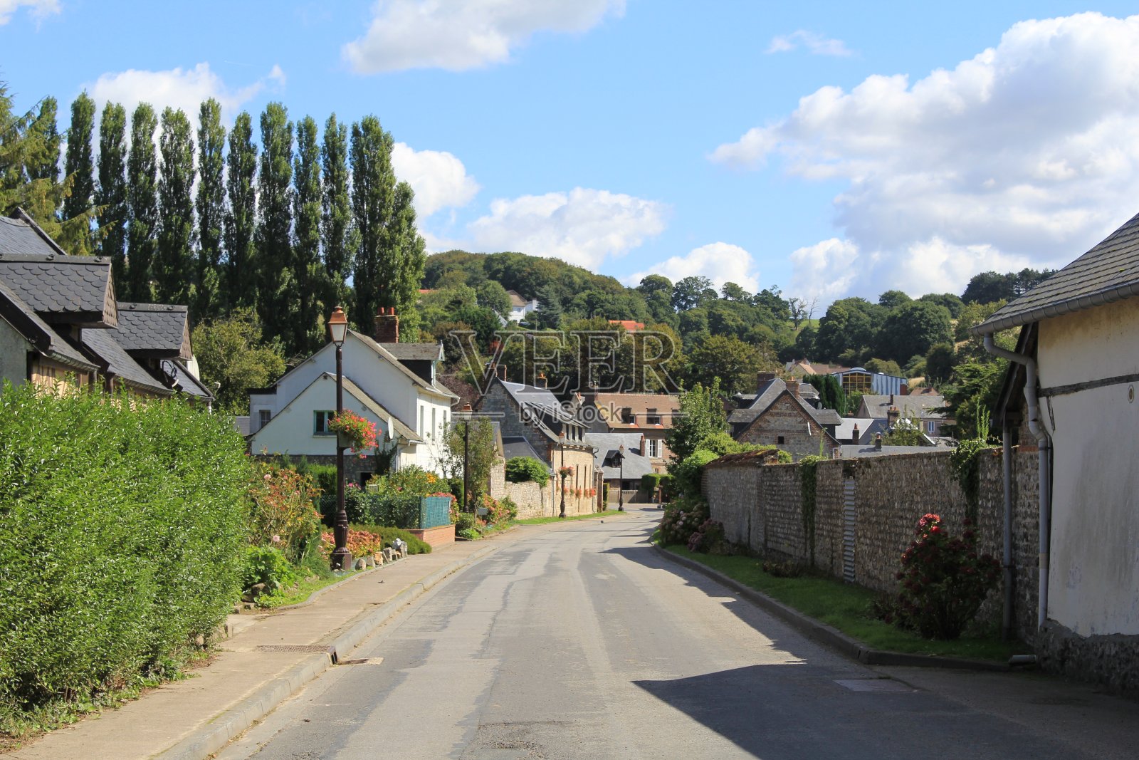 这是一个美丽的法国乡村，在夏天沿着陡峭的道路有房子和树木照片摄影图片