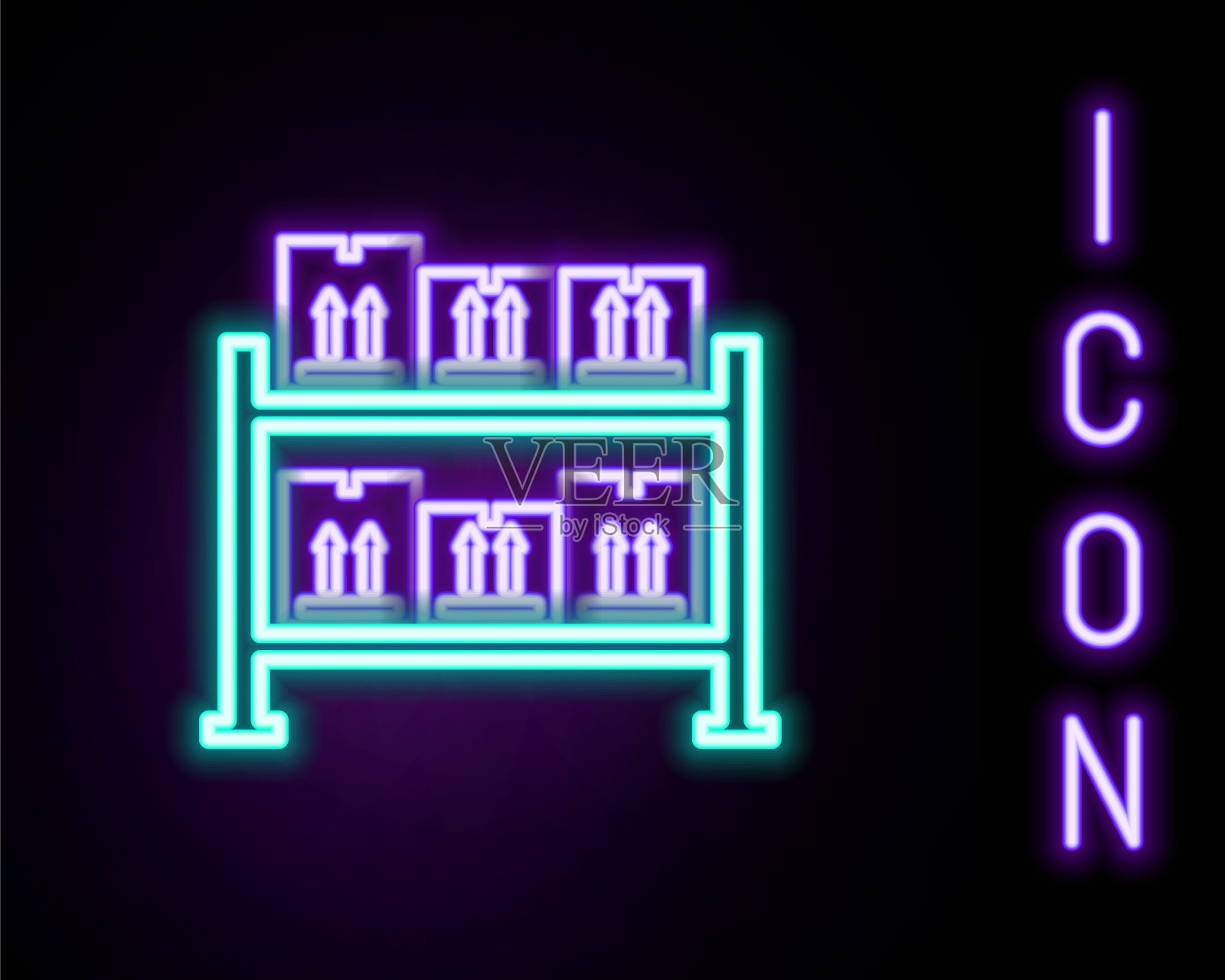 发光的霓虹灯线仓库图标孤立在黑色背景。色彩斑斓的轮廓的概念。向量插画图片素材