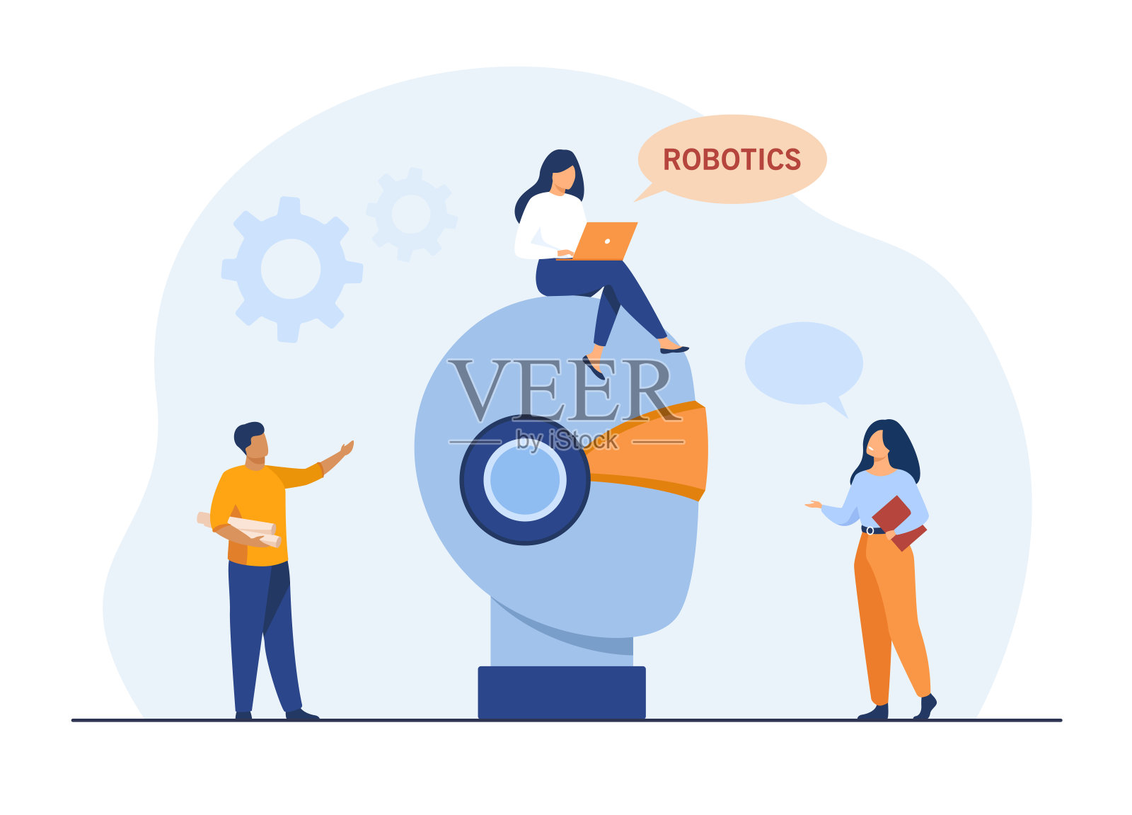 小小的人和巨大的机器人头插画图片素材