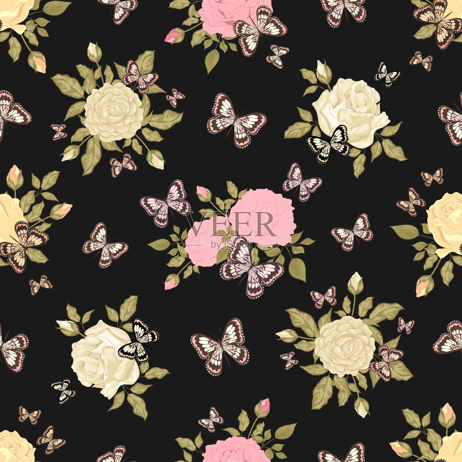 美丽的蝴蝶和玫瑰花束。无缝花纹。柔和的颜色。插画图片素材