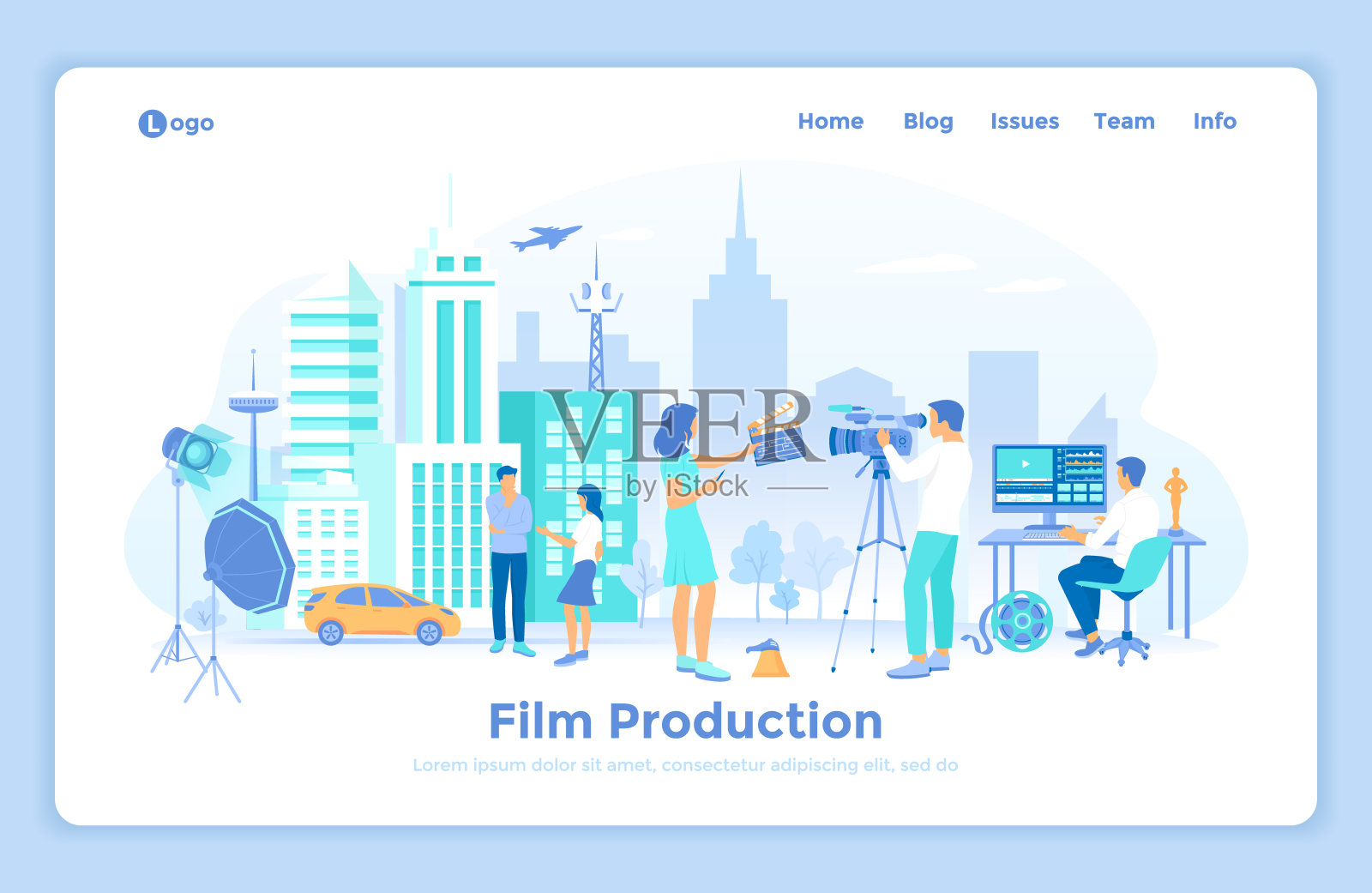 电影制作。户外电影场景。用演员、摄像机、灯光、麦克风拍摄电影。电影导演，摄像师，视频编辑。登陆网页设计模板装饰的人的字符插画图片素材