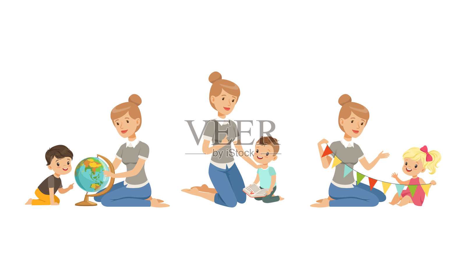 可爱的小男孩和女孩坐在地板上学习和学习字母和地理的年轻教师向量集插画图片素材