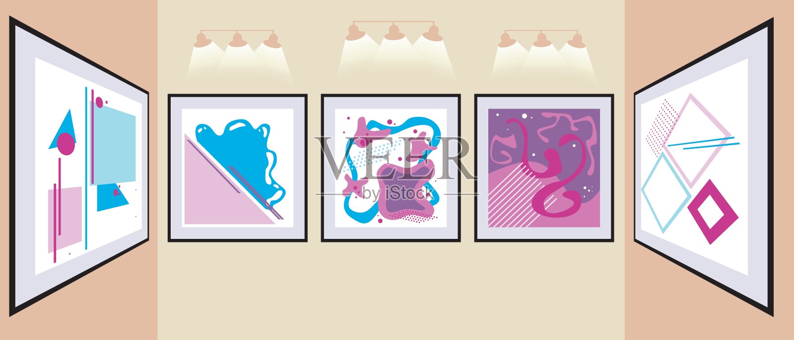 艺术展览，艺术画廊，平面矢量股票插图与绘画展览在一个没有人的博物馆插画图片素材