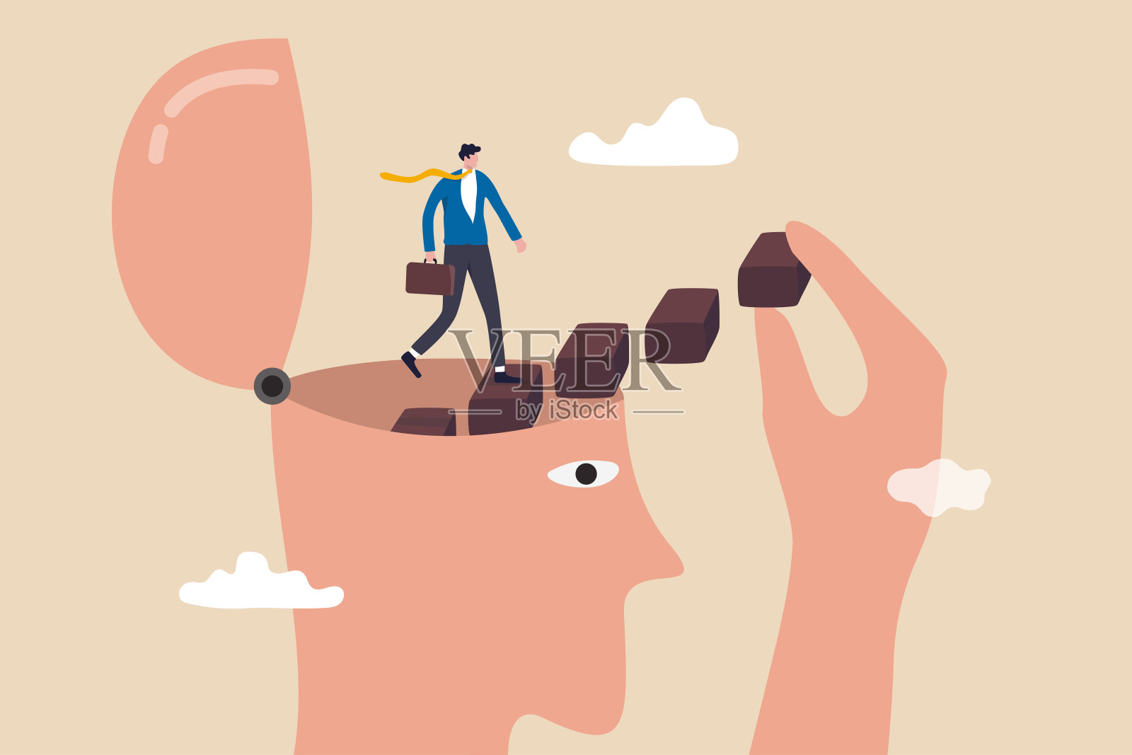 个人发展，自我提升或激励充分激活潜能，学习新技能才能成功，个人职业成长概念，商人从自己的大脑走楼梯。插画图片素材
