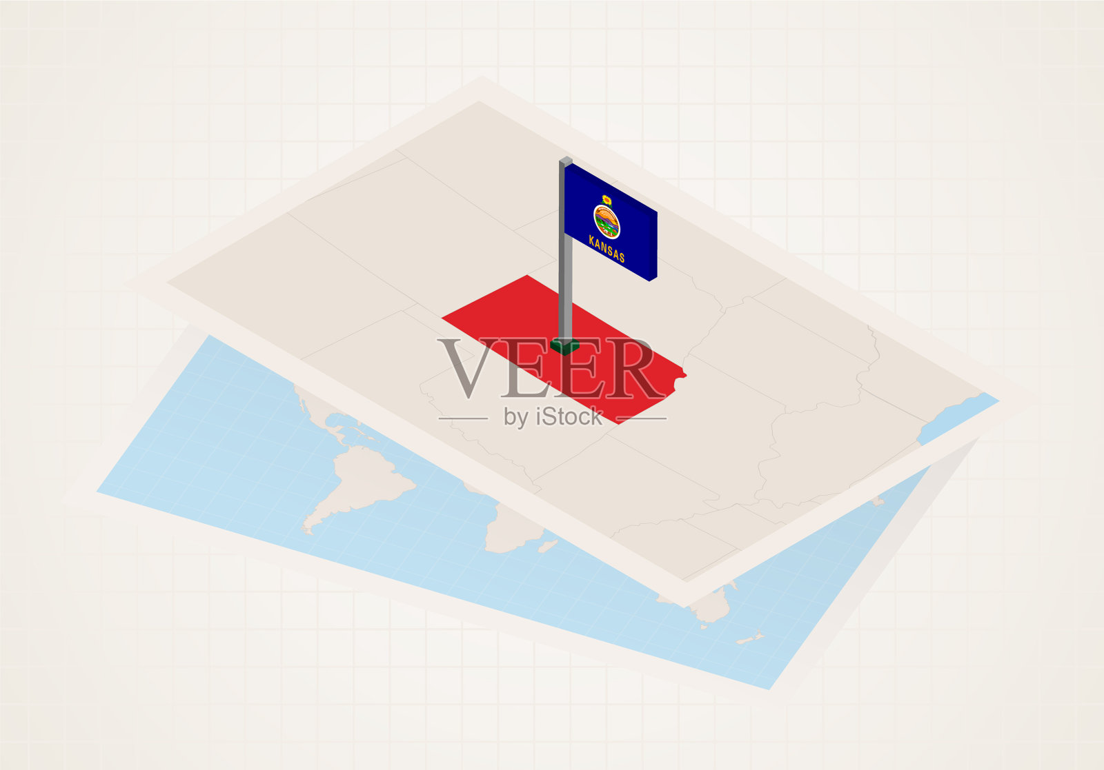 堪萨斯州在地图上用等距旗选择插画图片素材