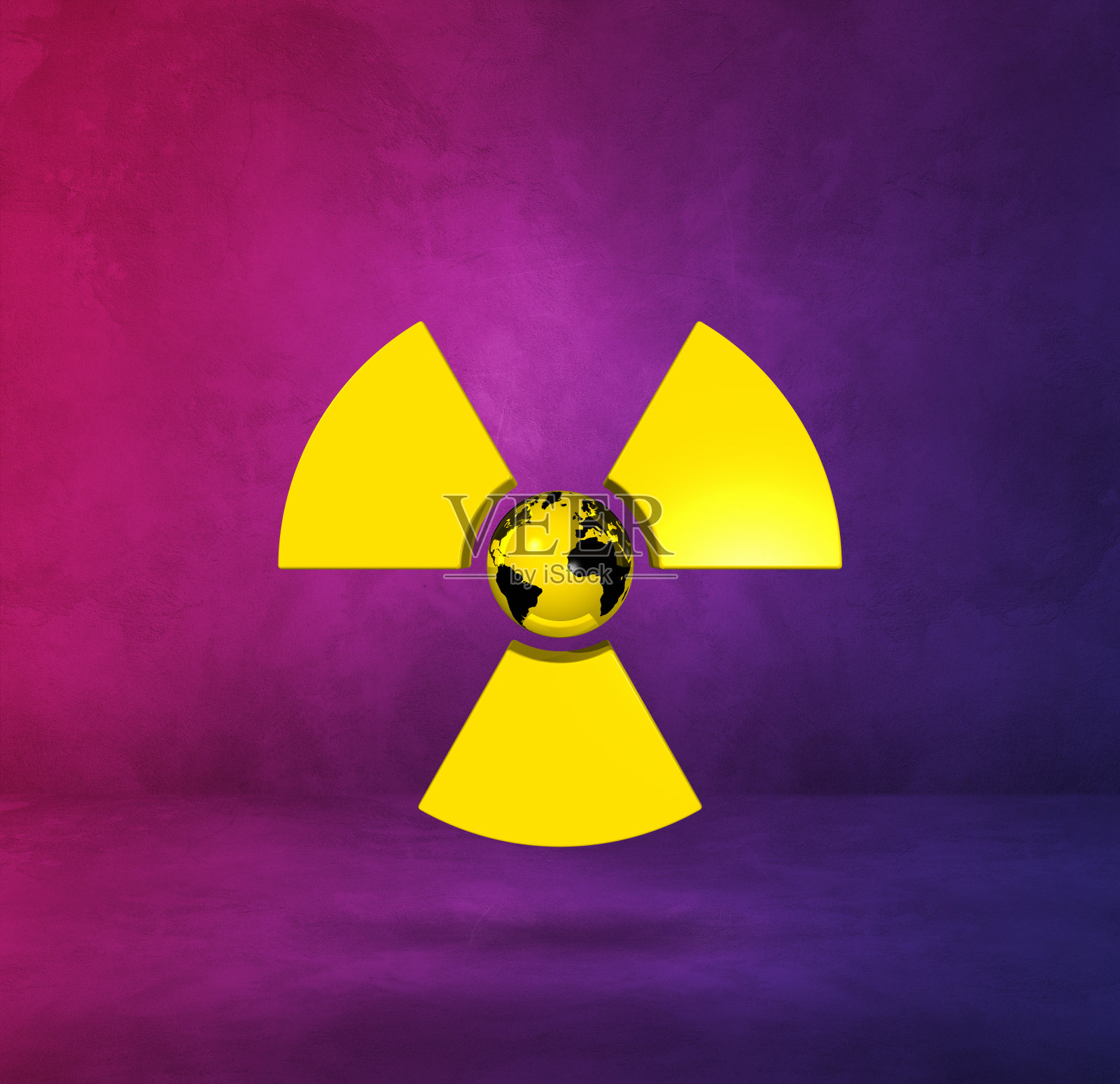 世界地图上的放射性符号。紫色的工作室背景照片摄影图片