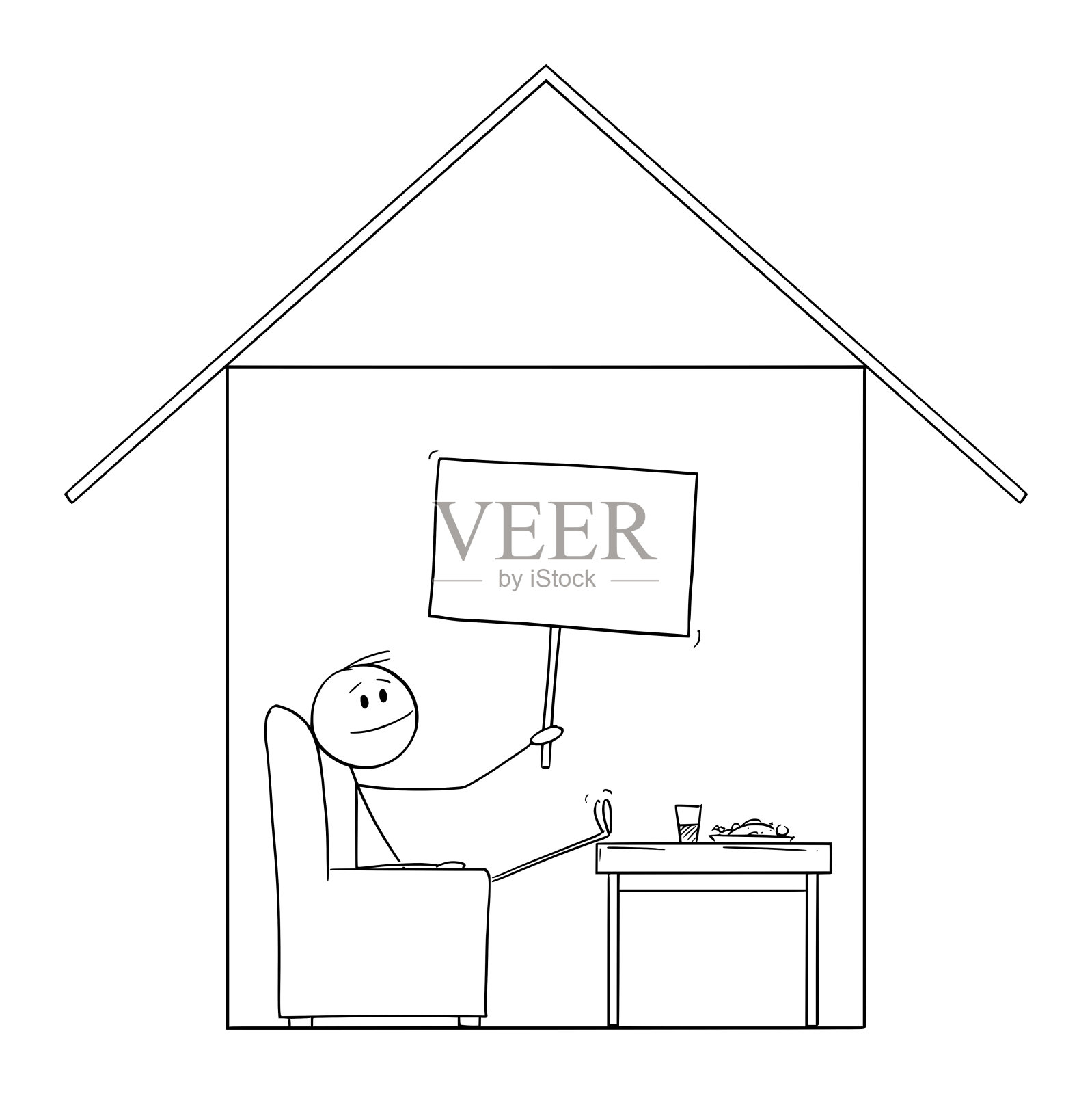 男人喜欢在家，在他的房子里，拿着空的标志，矢量卡通简笔人物插图设计元素图片