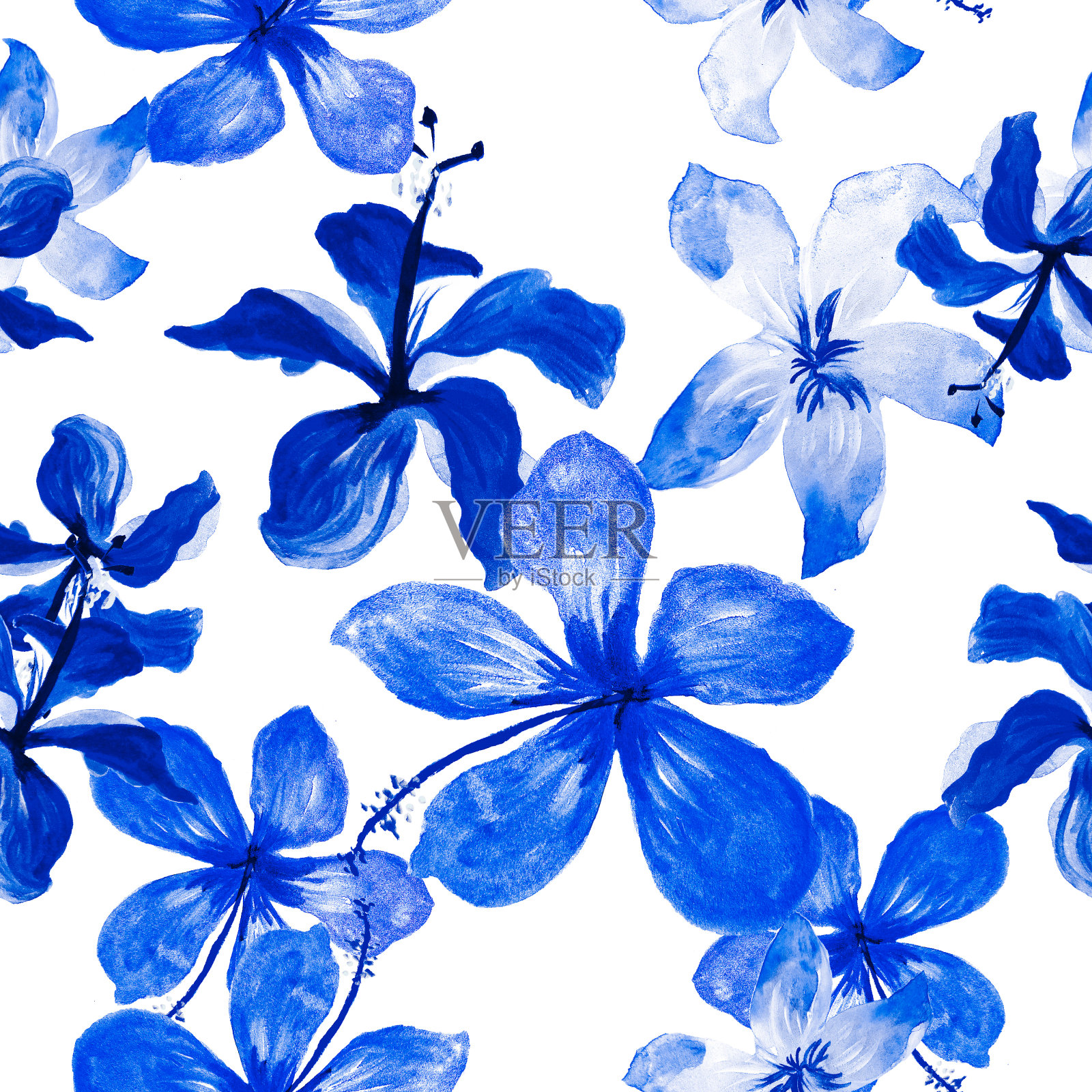 灰色的热带植物。靛蓝无缝的。Azure模式自然。白色花的叶子。蓝色的春天的背景。钴植物枝叶。海军装饰纺织品。插画图片素材