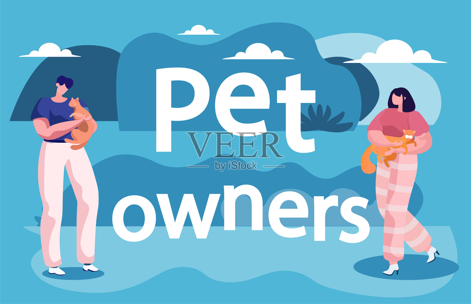 女人抱着并抱着她们的猫的两个宠物主人插画图片素材