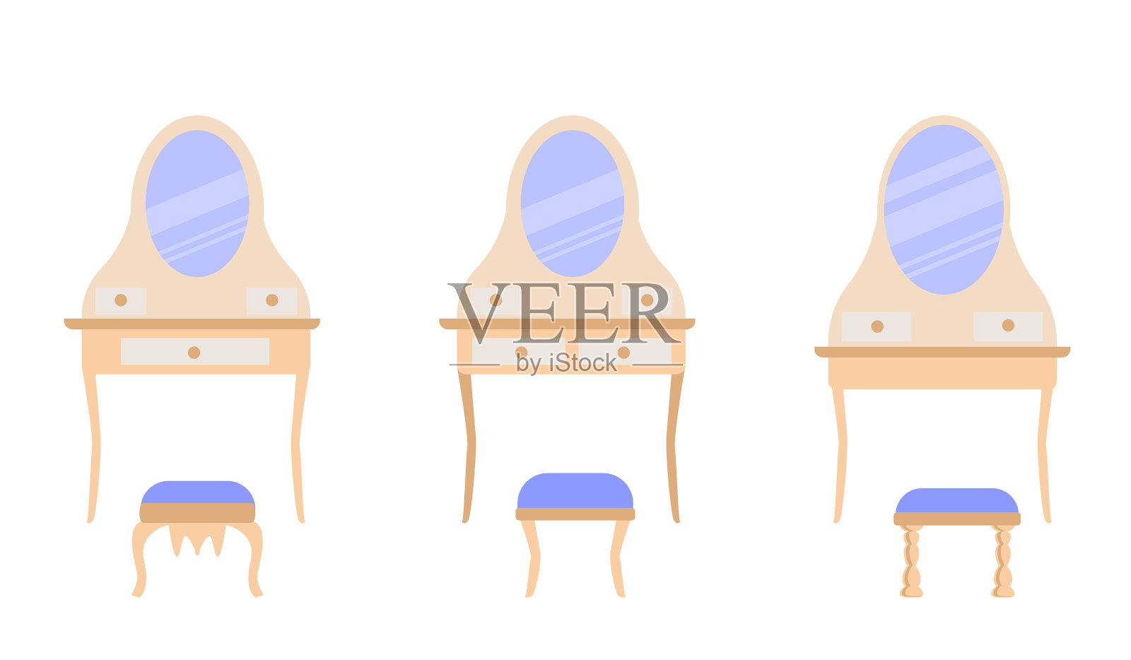 一套可爱的复古梳妆台和优雅的凳子。收藏古董卧室家具。平面风格的矢量图标被孤立在白色背景上。图标素材