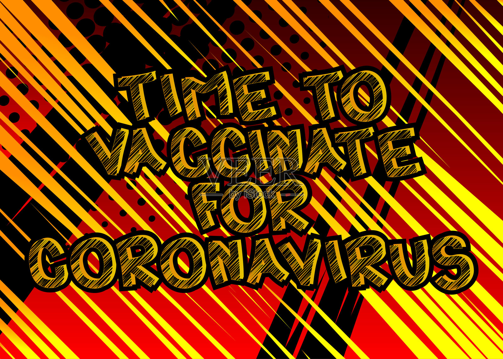 为冠状病毒接种疫苗的时间-漫画风格的文本。设计模板素材