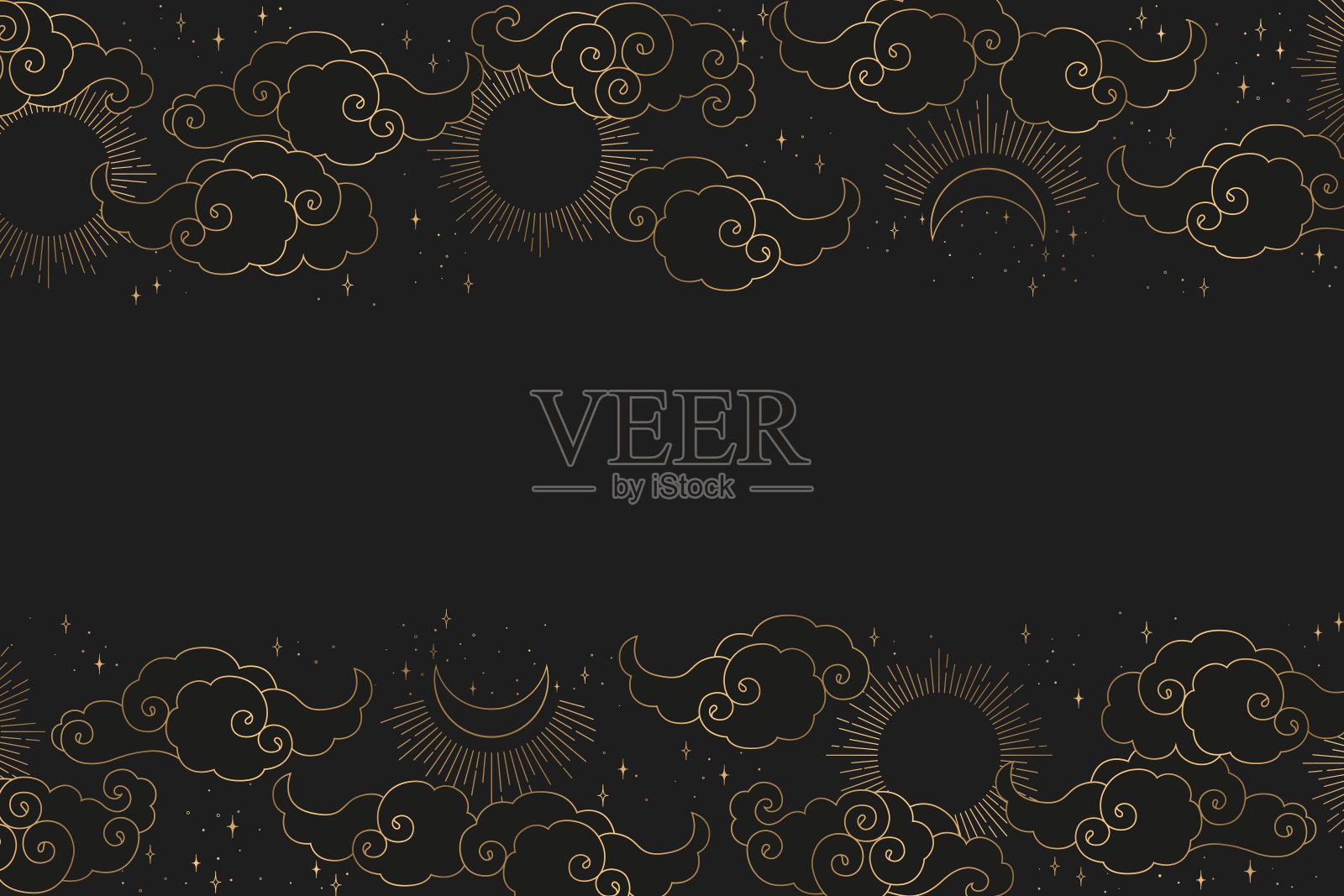 复古矢量插图与金色抽象太阳，月亮，星星和云图案孤立在黑色背景。神秘插图的卡片，墙纸，印刷，织物，小册子插画图片素材
