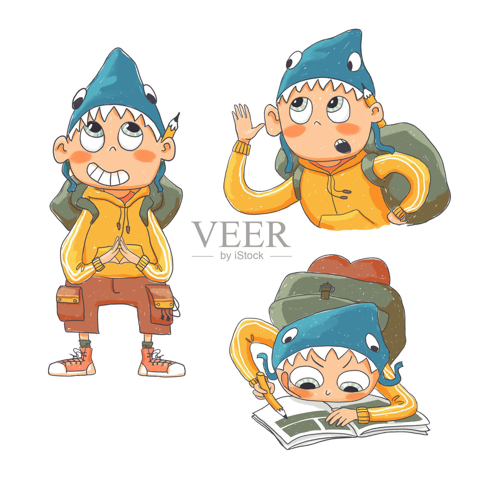 漫画风格的可爱角色，背包里戴着鲨鱼形状的帽子。一个男孩在白色背景上的几个姿势。插画图片素材