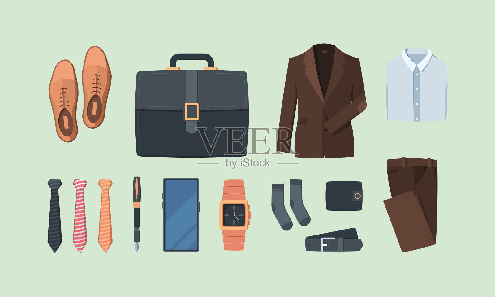 商务风格的衣服。商务人士的小玩意，老板，纺织袜子，西装，衬衫，裤子，皮带，公文包，钱包，手表，手机，领带，花哨的矢量，平面图片设计元素图片