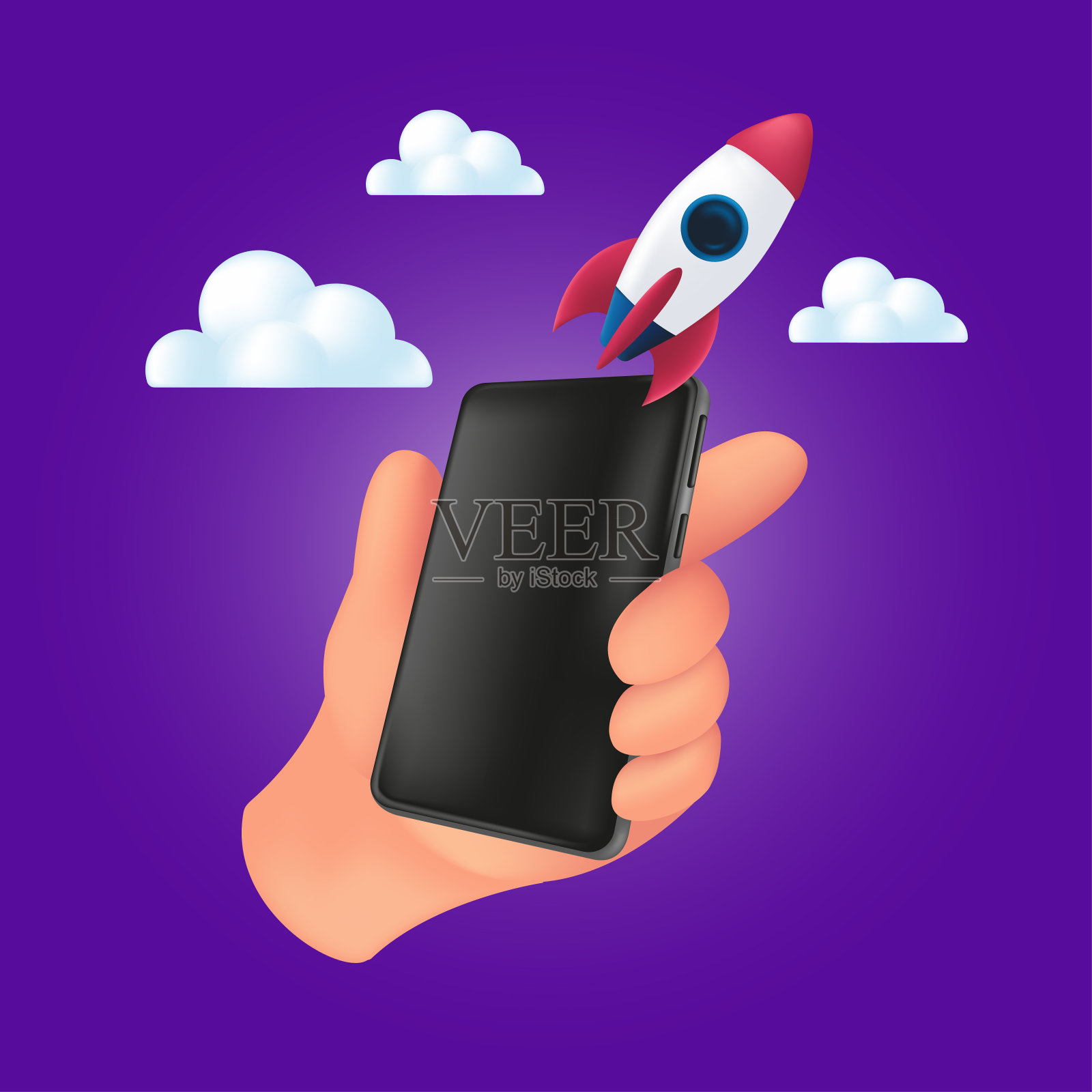 人类手握智能手机和火箭在云端飞行。三维矢量插图的启动概念与移动设备和空黑屏隔离在紫罗兰背景插画图片素材