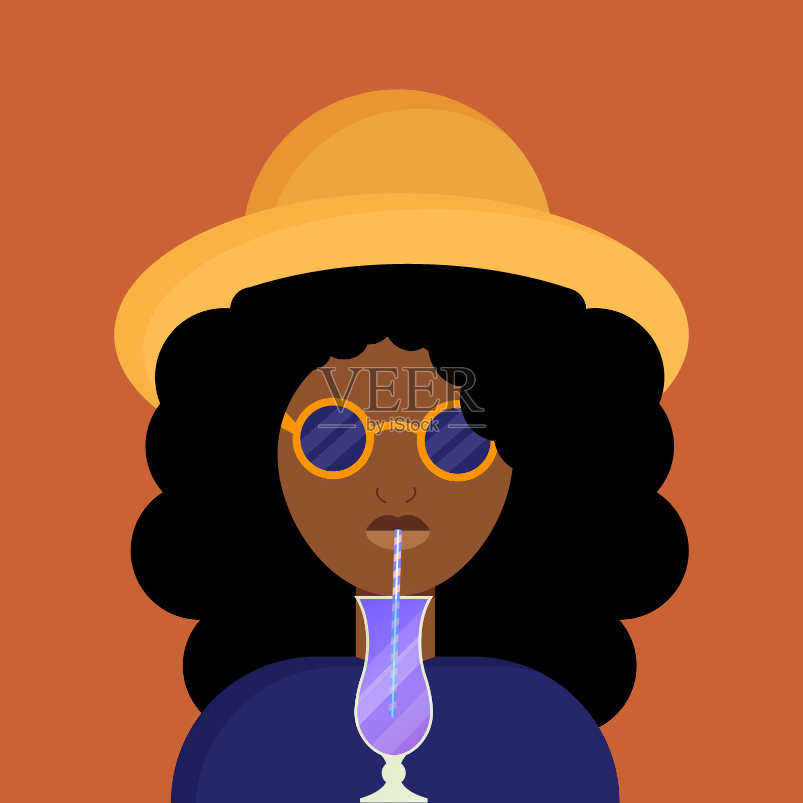 一位年轻的非洲裔美国妇女戴着黄帽子喝着鸡尾酒。插画图片素材