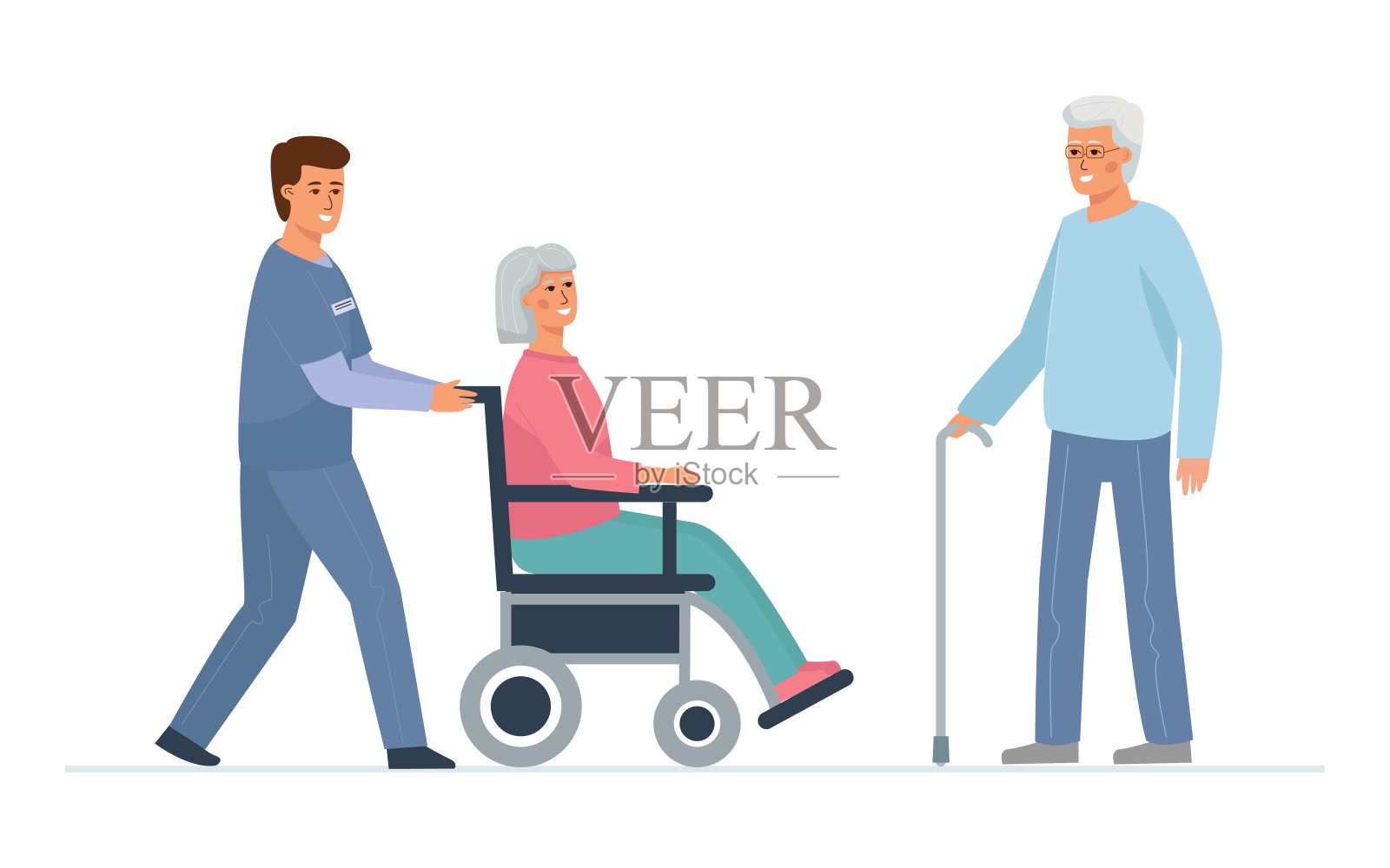 看护者推着一个老妇人的轮椅，一个拄着拐杖的男人站在她旁边。疗养院的病人。插画图片素材