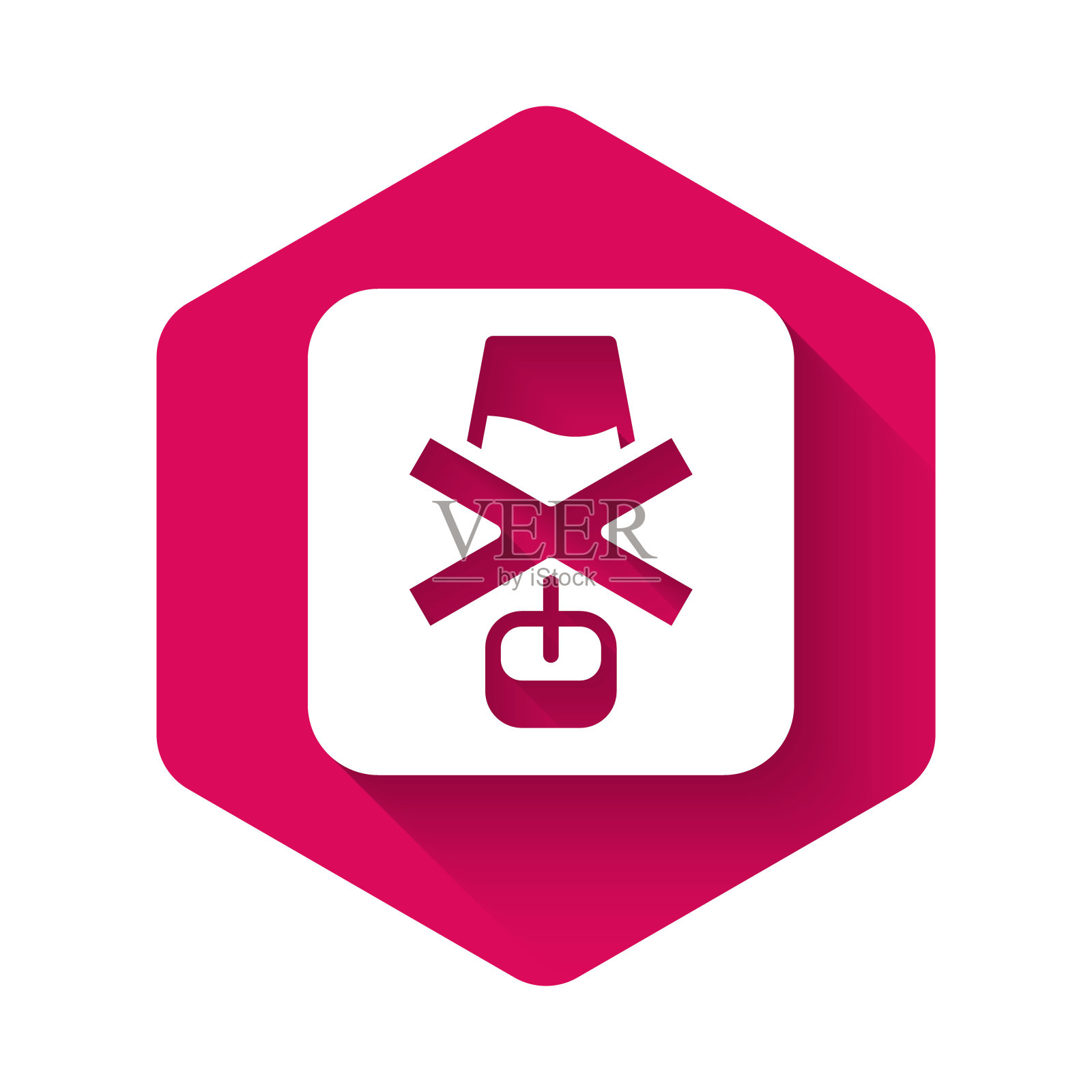 白色无酒精图标孤立与长阴影背景。禁止酒精饮料。禁止标志与啤酒瓶玻璃。粉红色的六角按钮。向量图标素材