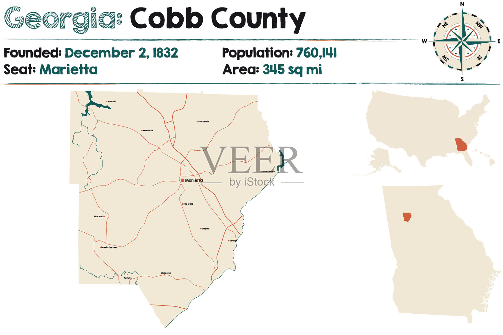 绘制乔治亚州科布县的地图插画图片素材