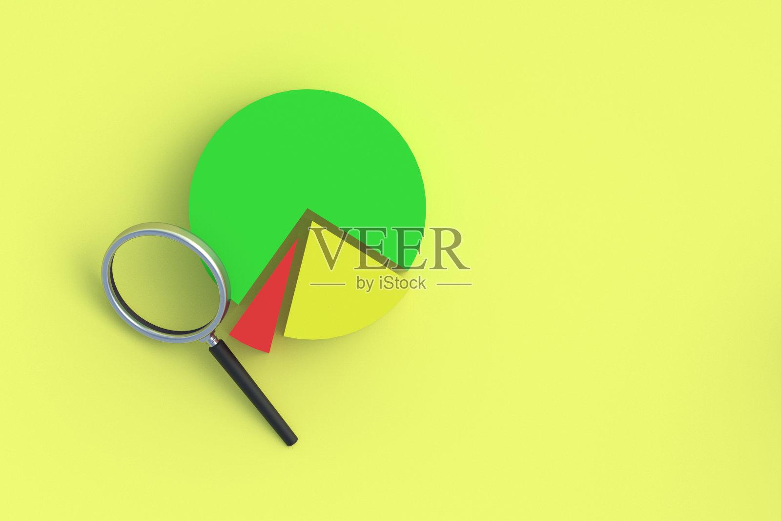 放大镜附近的饼图。市场分析的概念。业务分析。利润增长和下降报告。会计。统计指标。预算的研究。寻找一个经济问题。三维渲染照片摄影图片