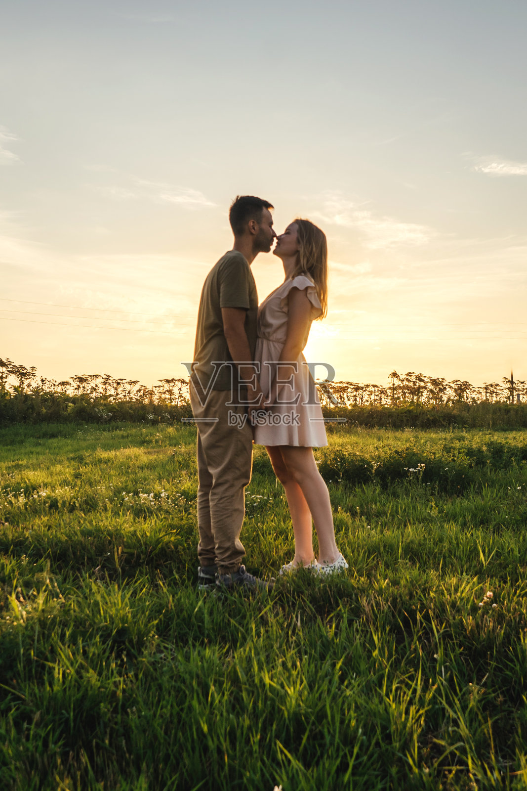 田野里一对恩爱夫妻。日落。照片摄影图片