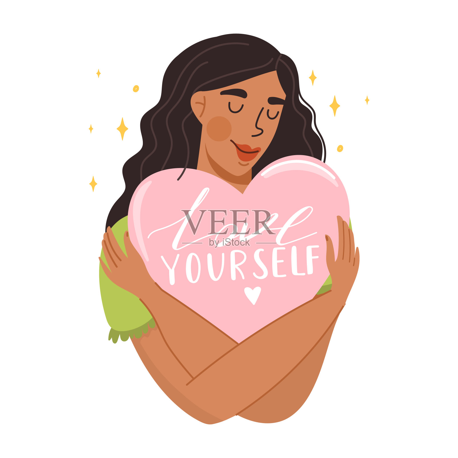 自我关爱，自我接受，爱自己或身体积极的概念。可爱的女孩交叉双手，拥抱大心。插画图片素材