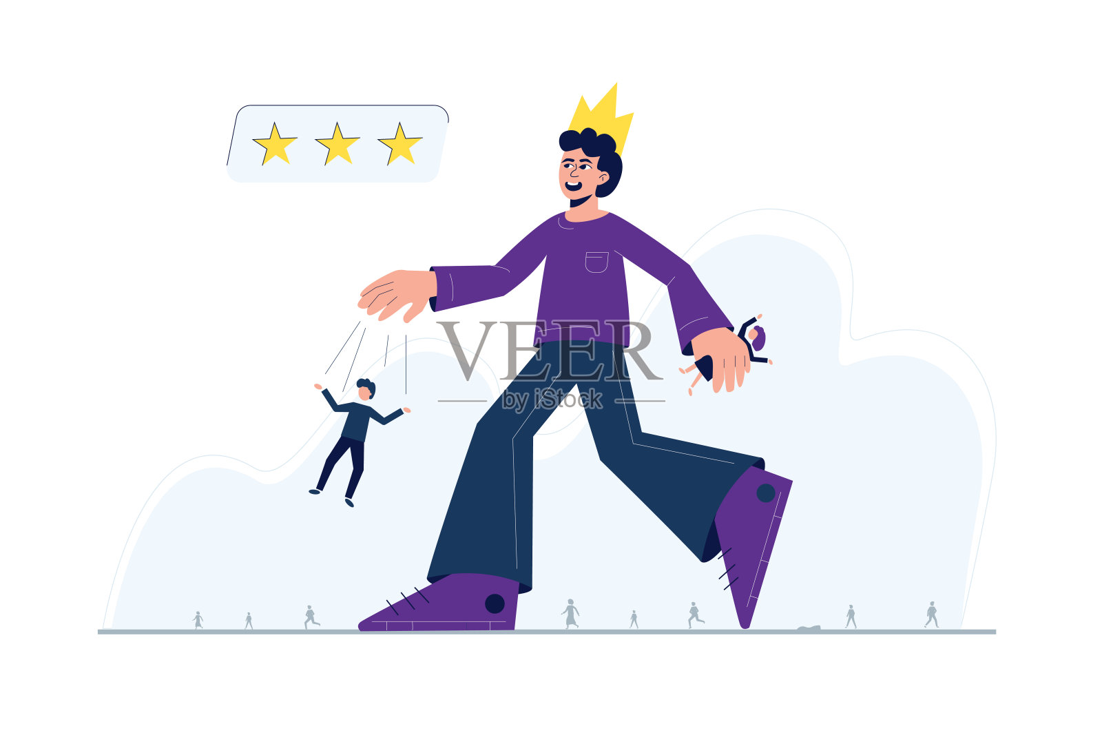 一个头戴皇冠，控制他人，穿过人群的人——一个自恋型人格障碍的隐喻。这个角色是一个虐待者和操控者。插画图片素材