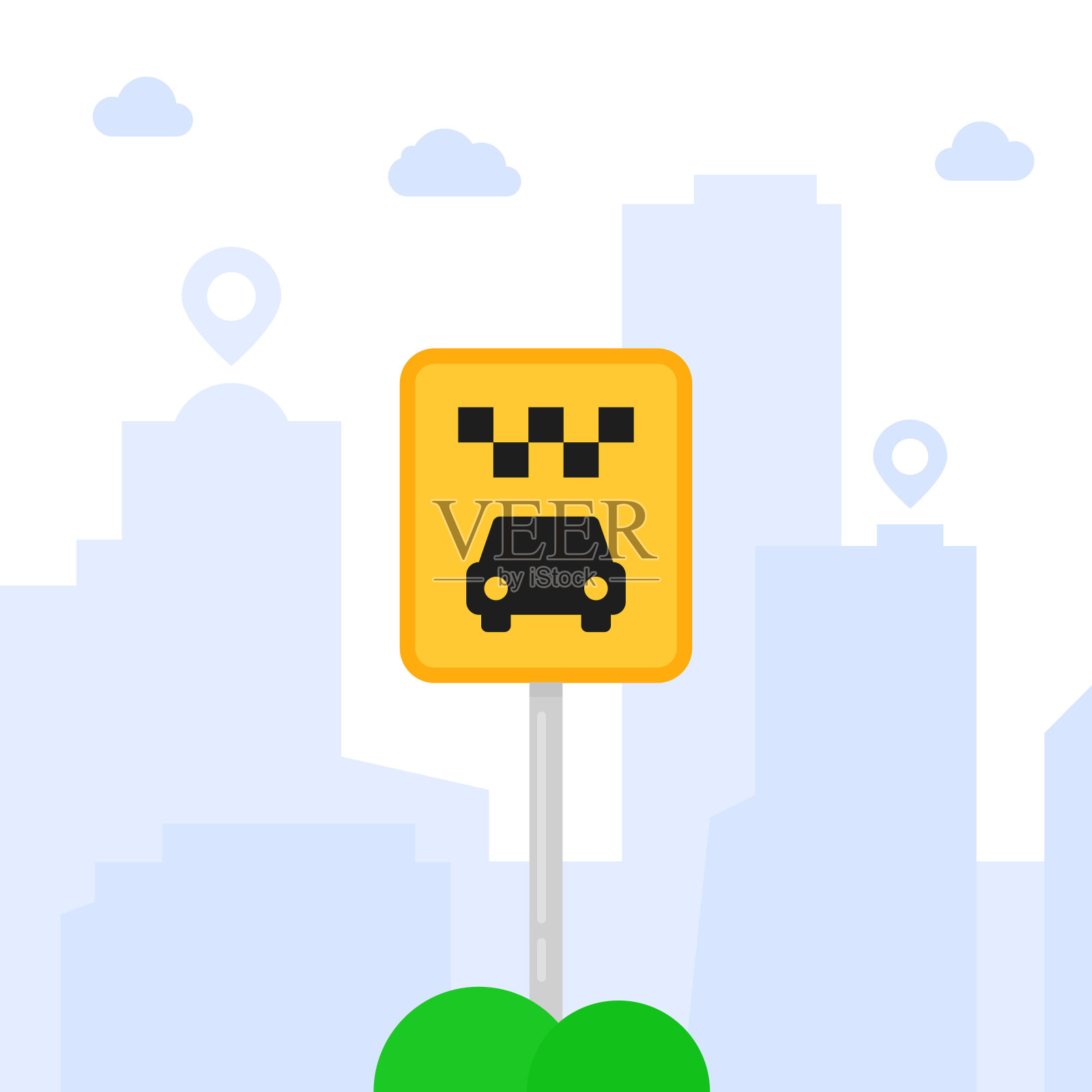 卡通的士停车标志在城市插画图片素材