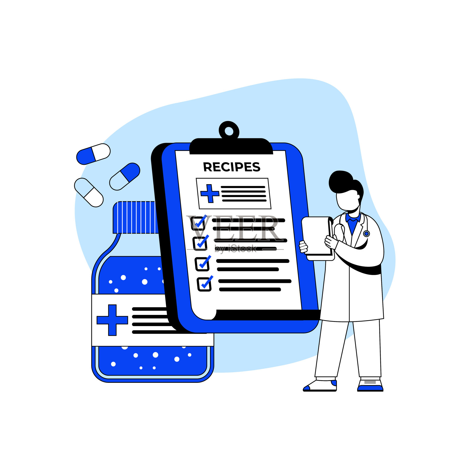 医药和医疗保健图标概念矢量插图。处方药配药。可以用于网页，主页，移动应用程序，网页横幅。人物卡通插图平面风格。插画图片素材