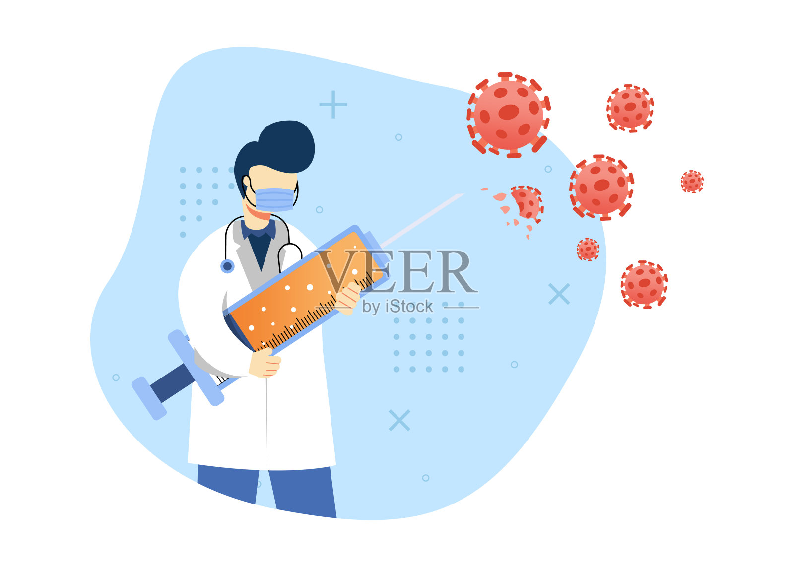 病毒预防概念矢量图。医生用疫苗对抗病毒。接种疫苗。人物卡通插图平面风格。插画图片素材