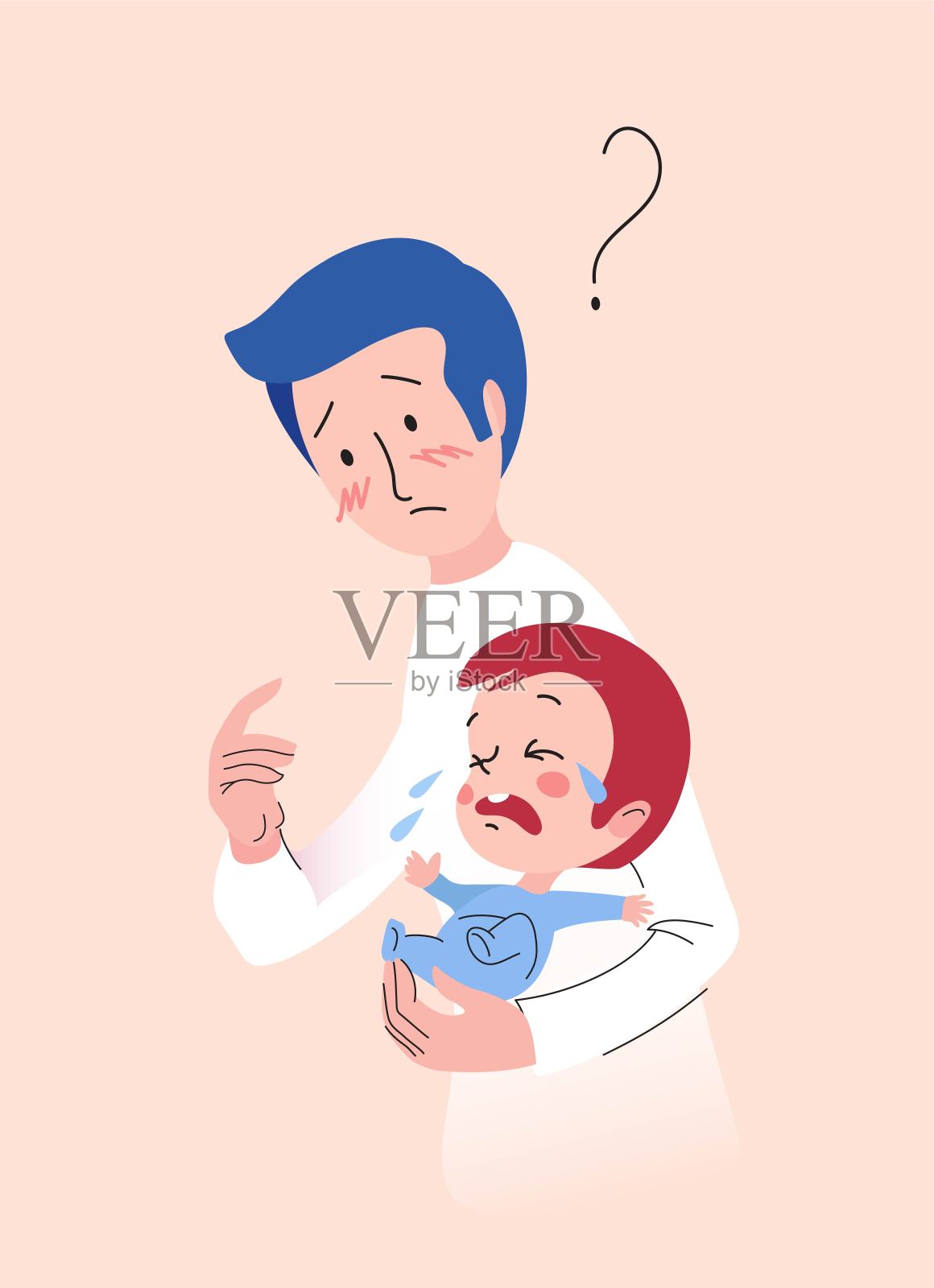 忧心忡忡的父亲抱着刚出生的儿子哭泣。插画图片素材